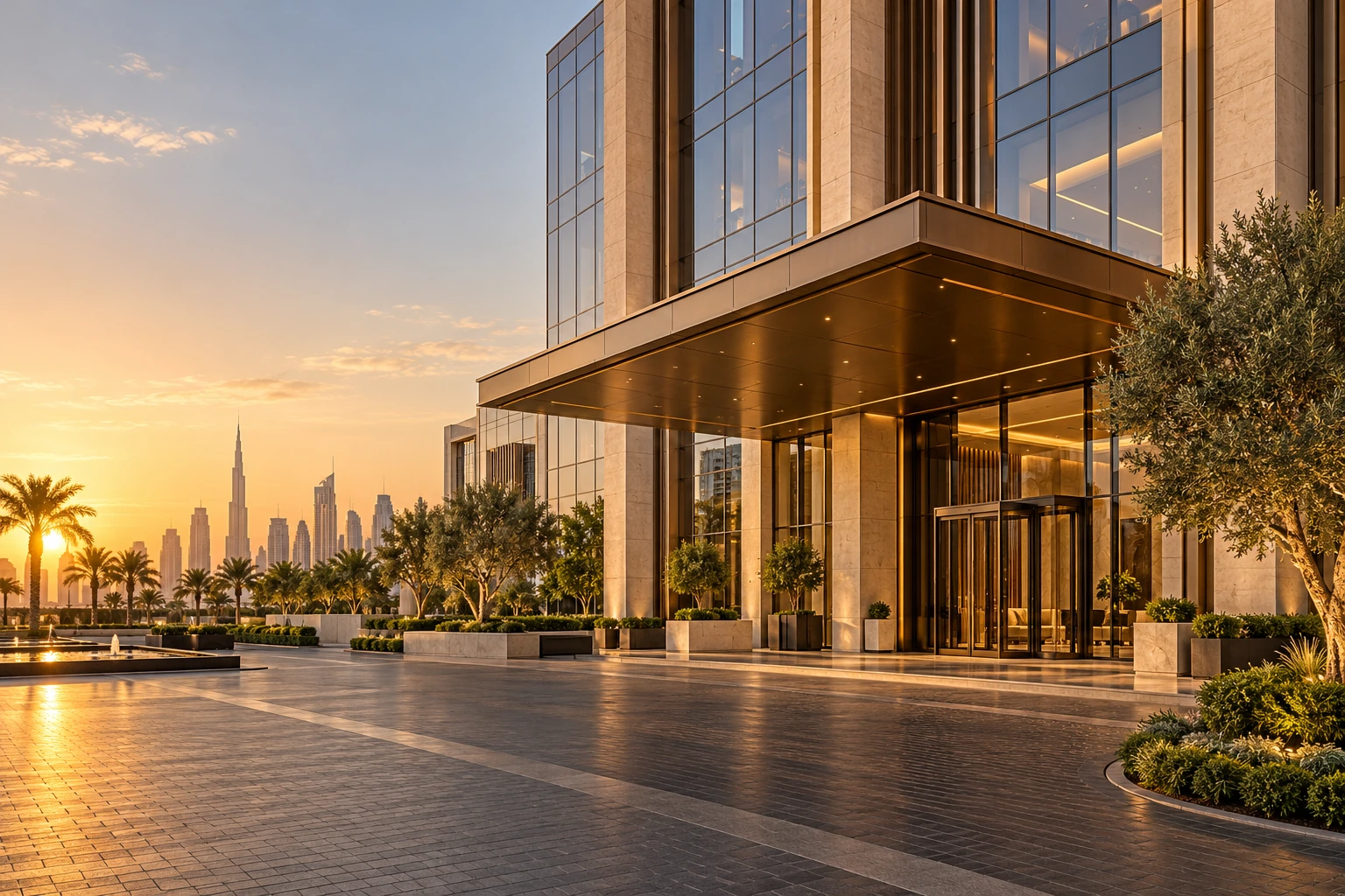 Elegant modern commercial building with landscaped entrance in warm Dubai light